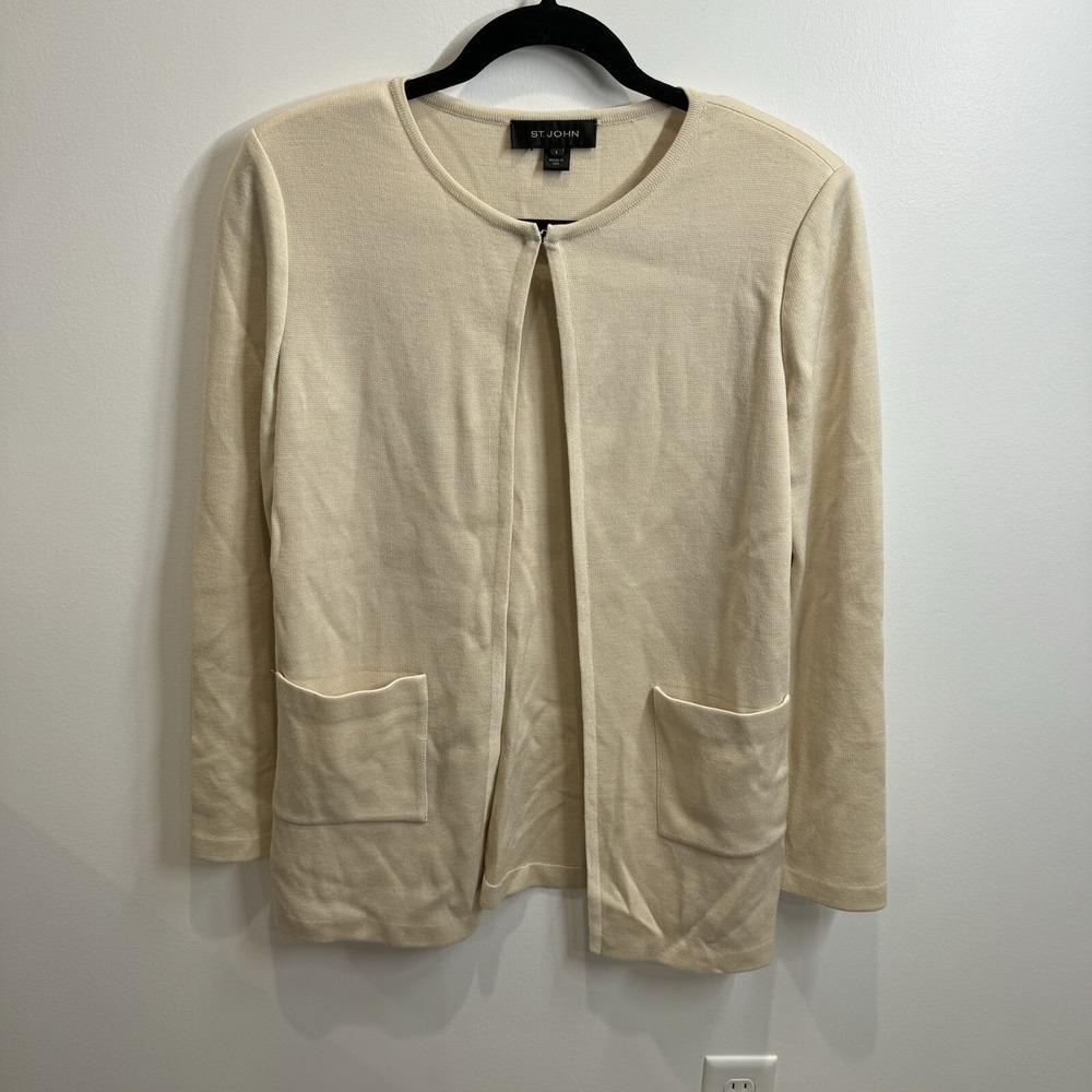 St. John Open Front Beige Cardigan Wool Blend Size 6 Womens Casual